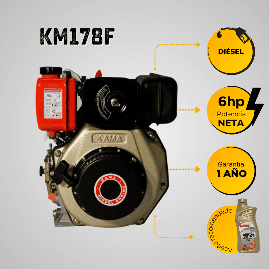 MOTOR DIESEL KAMA (6.1HP-4.6KW) 3600RPM CUÑA EJE 25mm ARRANQUE MANUAL