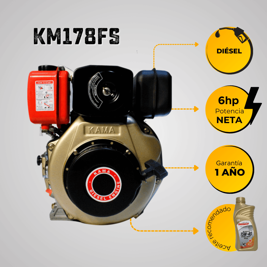MOTOR DIESEL KAMA (6.1HP-4.6KW) 1800RPM CUÑA EJE 25mm CUÑA ARRANQUE MANUAL.