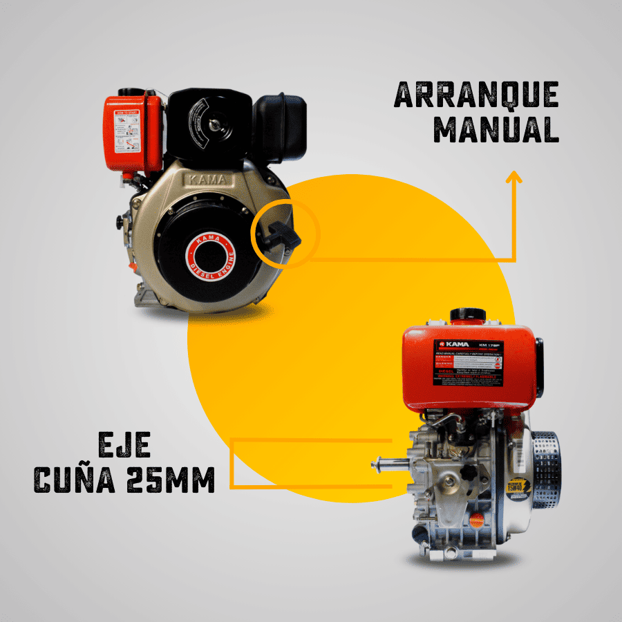 MOTOR DIESEL KAMA (6.1HP-4.6KW) 1800RPM CUÑA EJE 25mm CUÑA ARRANQUE MANUAL.