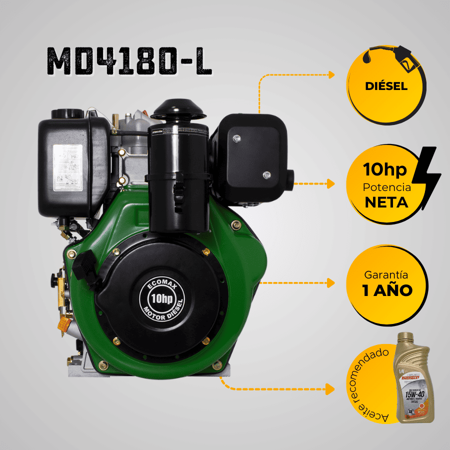 MOTOR DIESEL ECOMAX 10HP 3600RPM CUÑA-ROSCA EJE 1` ARRANQ MANUAL FILTRO ACEITE